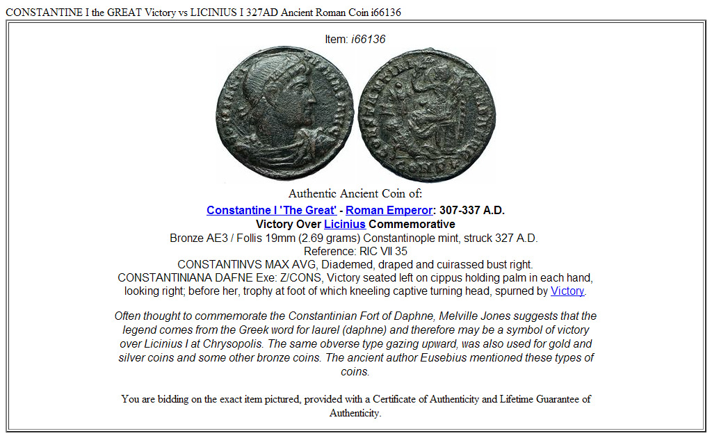 CONSTANTINE I the GREAT Victory vs LICINIUS I 327AD Ancient Roman Coin i66136