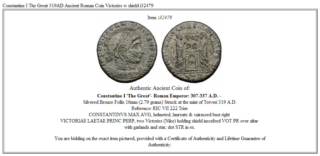 Constantine I The Great 319AD Ancient Roman Coin Victories w shield i32479