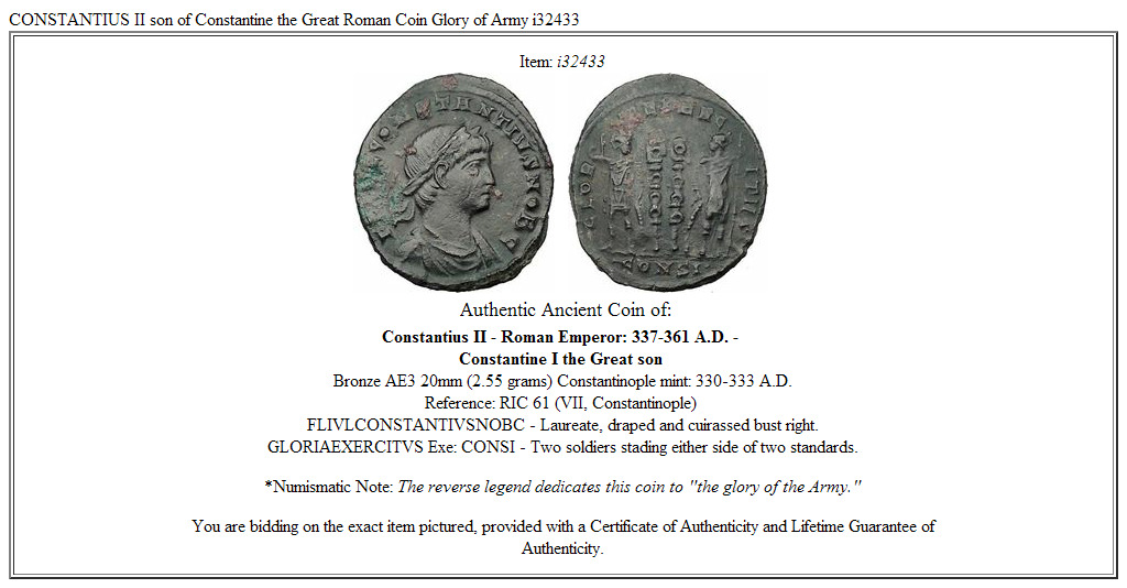 CONSTANTIUS II son of Constantine the Great Roman Coin Glory of Army i32433