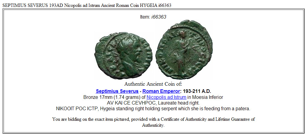 SEPTIMIUS SEVERUS 193AD Nicopolis ad Istrum Ancient Roman Coin HYGEIA i66363