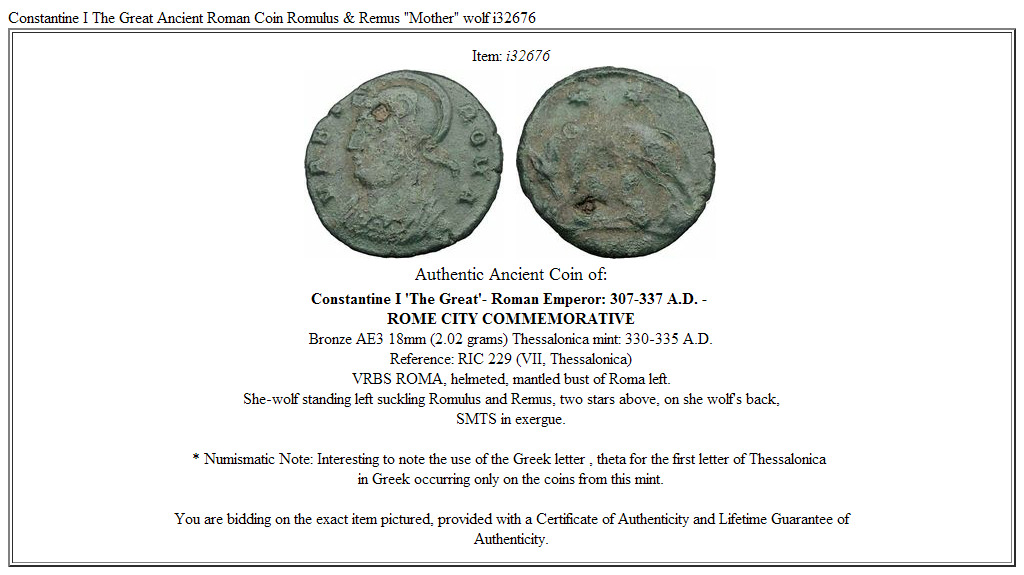 Constantine I The Great Ancient Roman Coin Romulus & Remus "Mother" wolf i32676