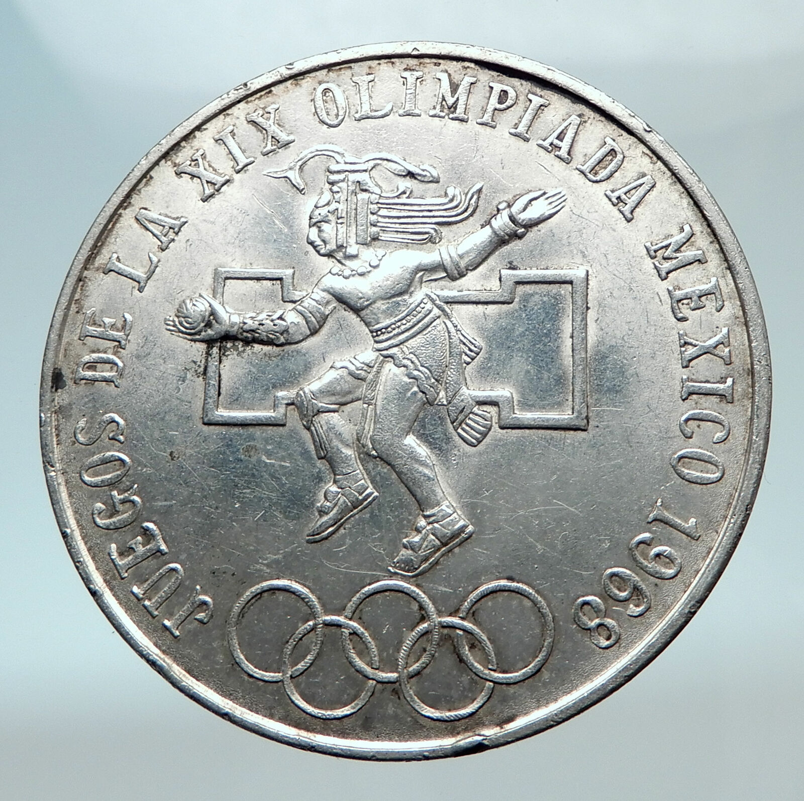 1968 Mexico XIX Olympic Games Aztec Ball Player BIG 25 Pesos Silver Coin i80804