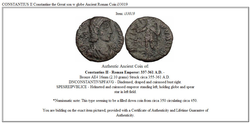 CONSTANTIUS II Constantine the Great son w globe Ancient Roman Coin i33019