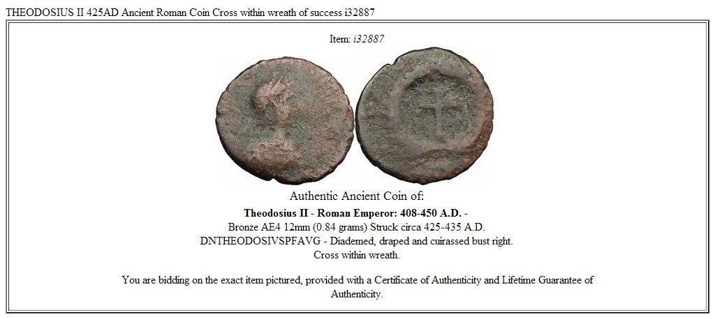 THEODOSIUS II 425AD Ancient Roman Coin Cross within wreath of success i32887