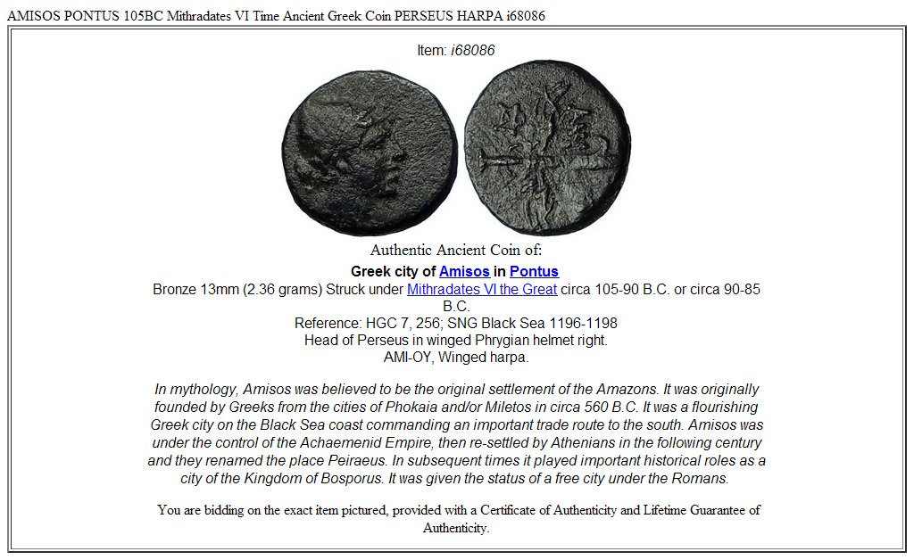 AMISOS PONTUS 105BC Mithradates VI Time Ancient Greek Coin PERSEUS HARPA i68086