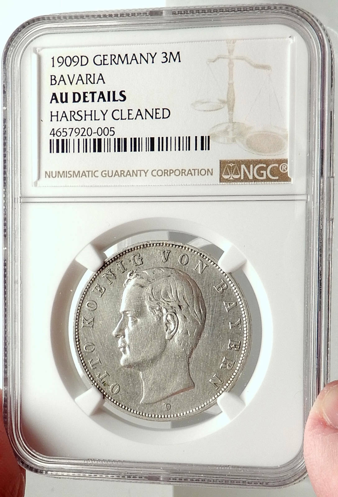 1909 GERMANY German State King of Bavaria OTTO I Silver 3 Mark Coin NGC i68303