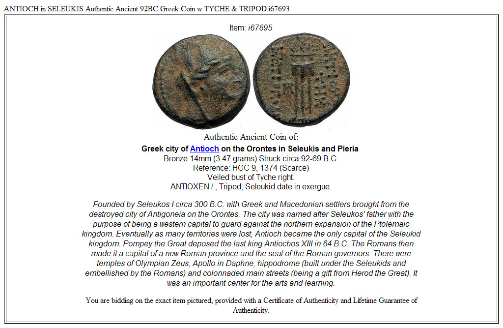ANTIOCH in SELEUKIS Authentic Ancient 92BC Greek Coin w TYCHE & TRIPOD i67695