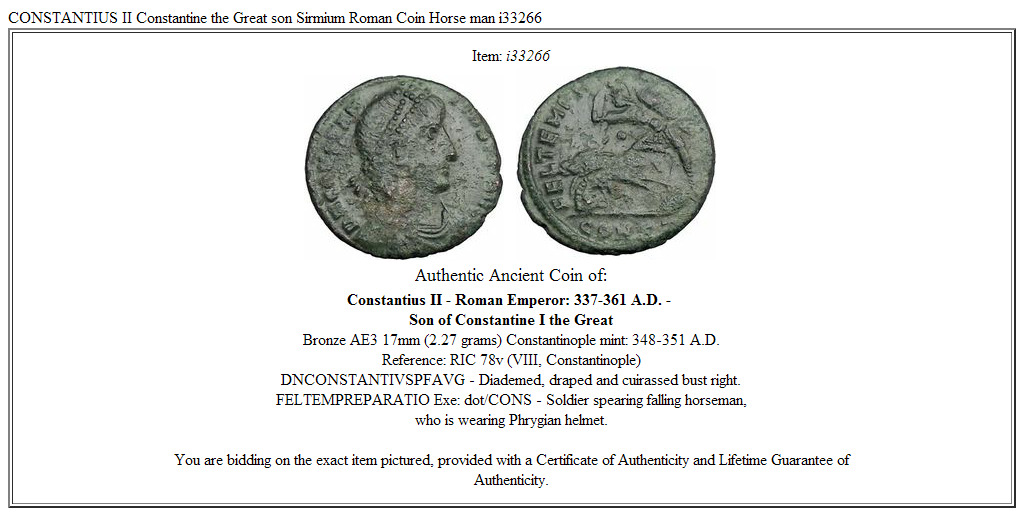 CONSTANTIUS II Constantine the Great son Sirmium Roman Coin Horse man i33266