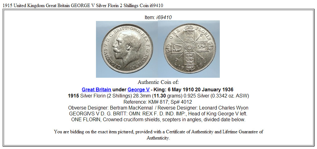 1915 United Kingdom Great Britain GEORGE V Silver Florin 2 Shillings Coin i69410