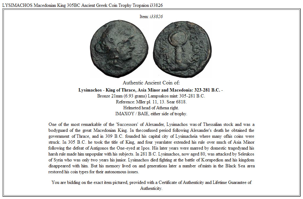 LYSIMACHOS Macedonian King 305BC Ancient Greek Coin Trophy Tropaion i33826