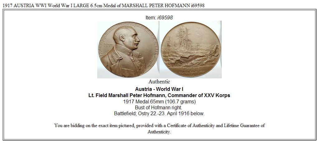 1917 AUSTRIA WWI World War I LARGE 6.5cm Medal of MARSHALL PETER HOFMANN i69598