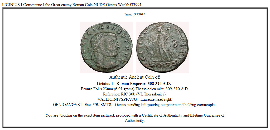 LICINIUS I Constantine I the Great enemy Roman Coin NUDE Genius Wealth i33991