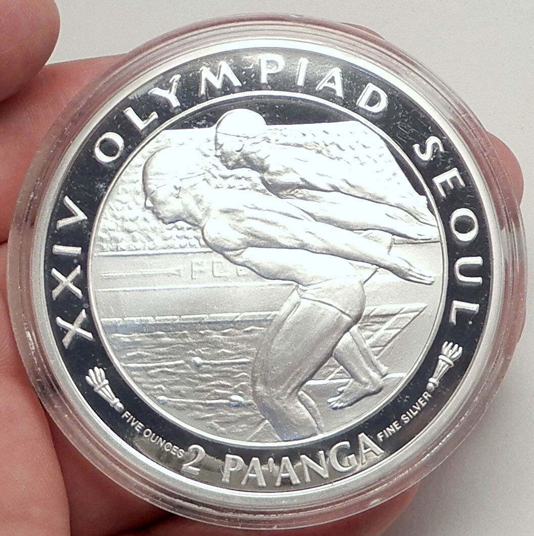 1988 TONGA King Tupou IV Huge 6.5cm Proof Silver Coin SEOUL OLYMPICS SWIM i70696