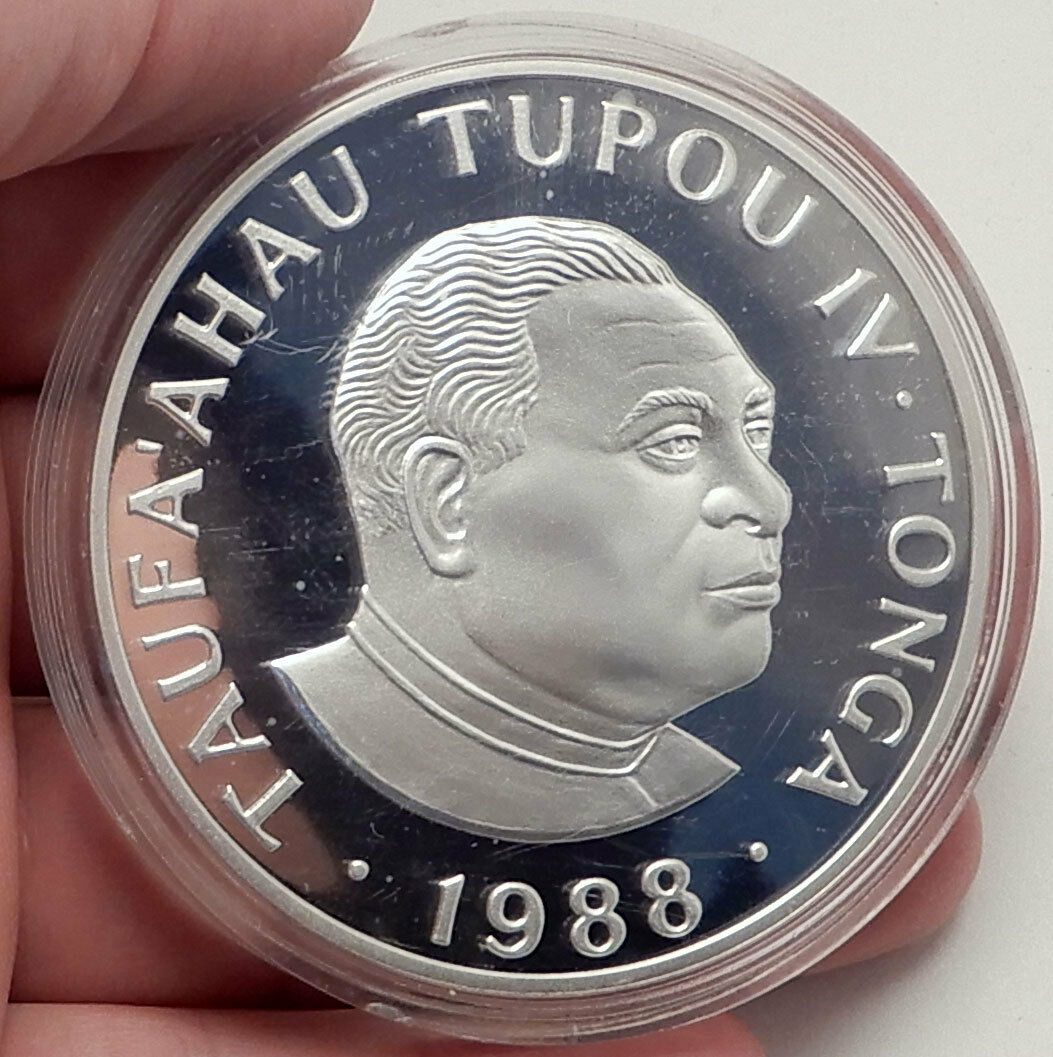 1988 TONGA King Tupou IV Huge 6.5cm Proof Silver Coin SEOUL OLYMPICS SWIM i70696