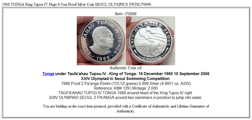 1988 TONGA King Tupou IV Huge 6.5cm Proof Silver Coin SEOUL OLYMPICS SWIM i70696