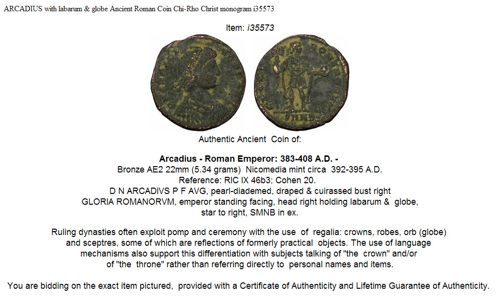 ARCADIUS with labarum & globe Ancient Roman Coin Chi-Rho Christ monogram i35573