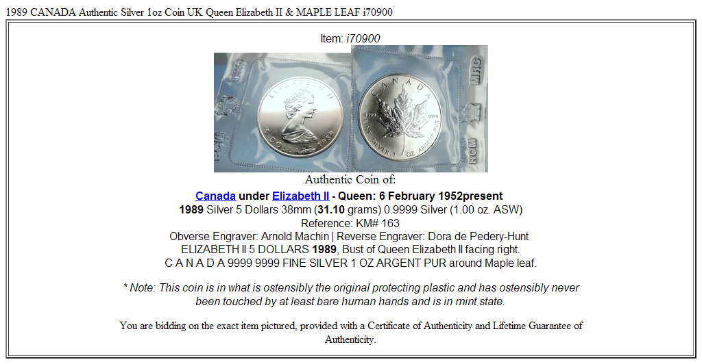 1989 CANADA Authentic Silver 1oz Coin UK Queen Elizabeth II & MAPLE LEAF i70900