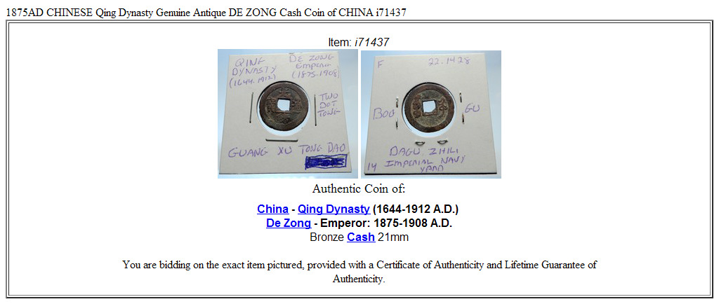 1875AD CHINESE Qing Dynasty Genuine Antique DE ZONG Cash Coin of CHINA i71437