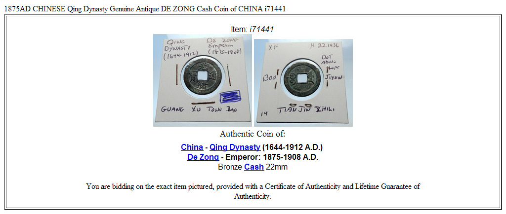 1875AD CHINESE Qing Dynasty Genuine Antique DE ZONG Cash Coin of CHINA i71441