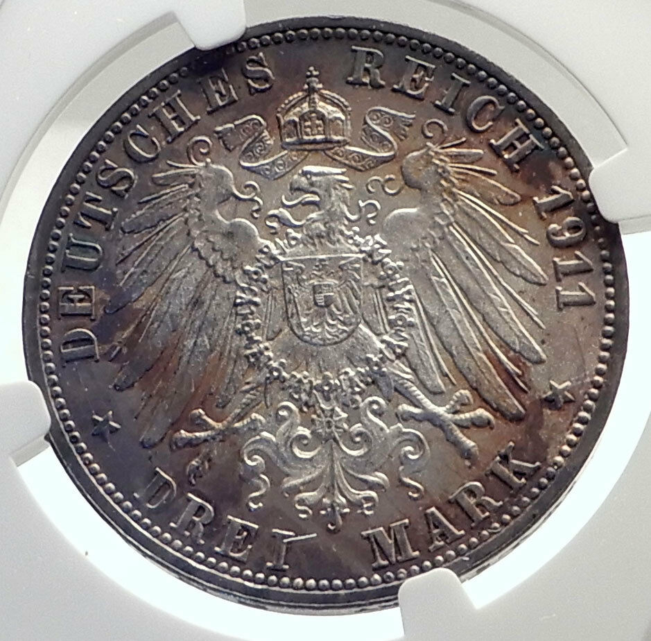 1911 GERMANY German State King Wurttemburg Silver 3 Mark Coin NGC MS 65 i71728