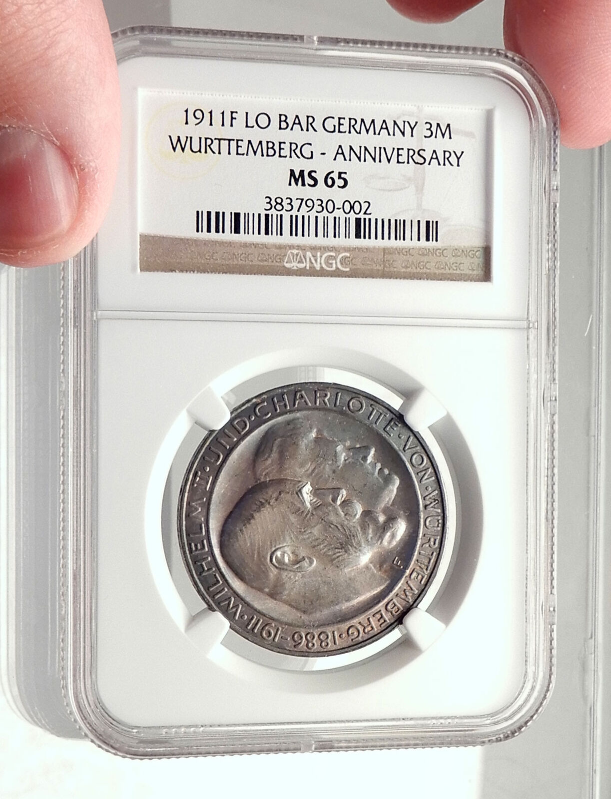 1911 GERMANY German State King Wurttemburg Silver 3 Mark Coin NGC MS 65 i71728