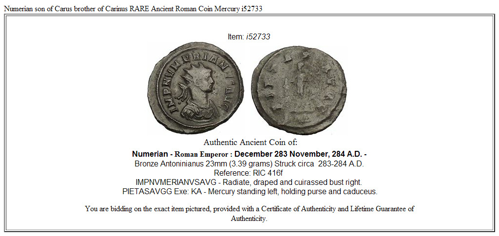 Numerian son of Carus brother of Carinus RARE Ancient Roman Coin Mercury i52733