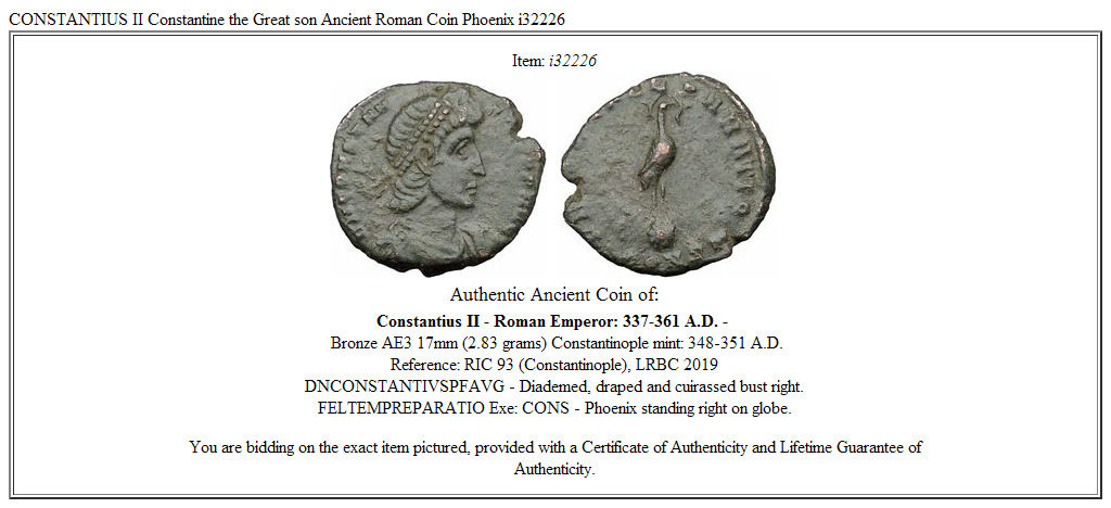 CONSTANTIUS II Constantine the Great son Ancient Roman Coin Phoenix i32226