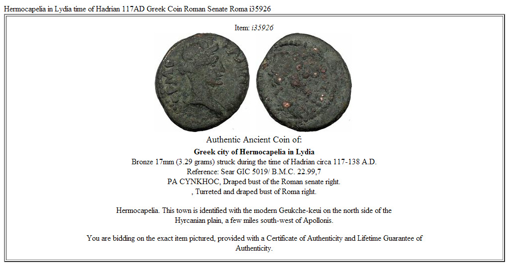 Hermocapelia in Lydia time of Hadrian 117AD Greek Coin Roman Senate Roma i35926