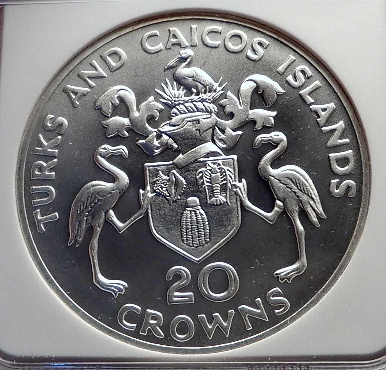 1974 TURKS & CAICOS Silver 20 Crowns WINSTON CHURCHILL CommemorativeNGC i72133