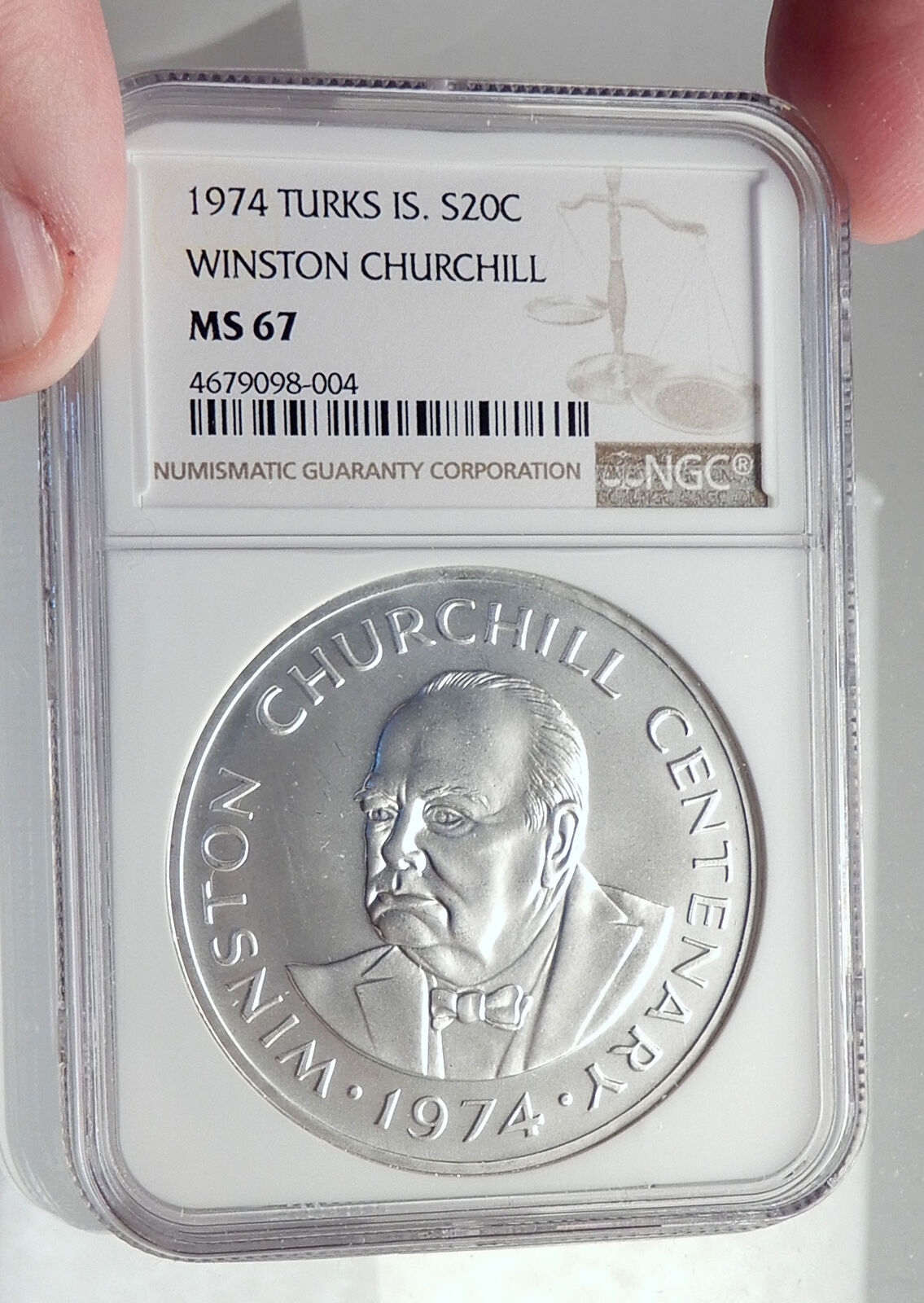 1974 TURKS & CAICOS Silver 20 Crowns WINSTON CHURCHILL CommemorativeNGC i72133