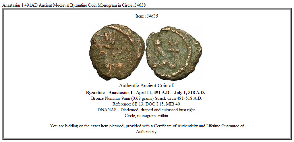 Anastasius I 491AD Ancient Medieval Byzantine Coin Monogram in Circle i34638