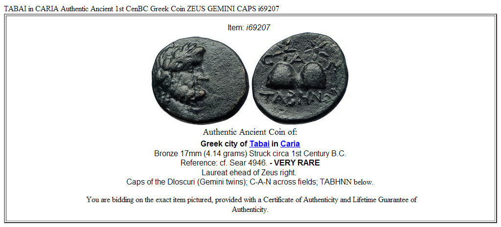 TABAI in CARIA Authentic Ancient 1st CenBC Greek Coin ZEUS GEMINI CAPS i69207