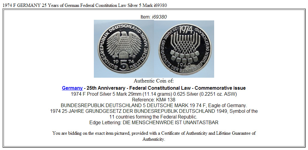 1974 F GERMANY 25 Years of German Federal Constitution Law Silver 5 Mark i69380