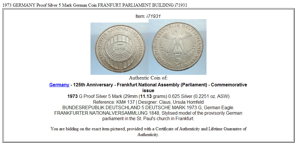 1973 GERMANY Proof Silver 5 Mark German Coin FRANFURT PARLIAMENT BUILDING i71931