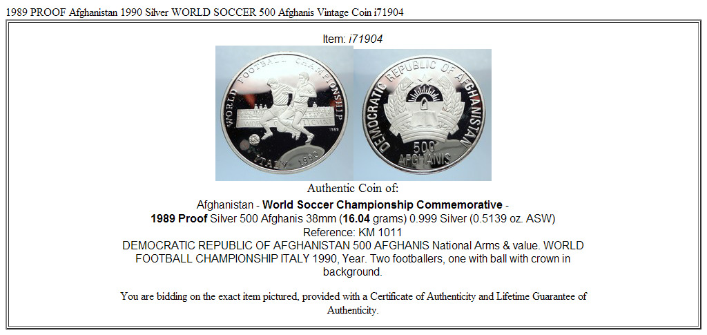 1989 PROOF Afghanistan 1990 Silver WORLD SOCCER 500 Afghanis Vintage Coin i71904