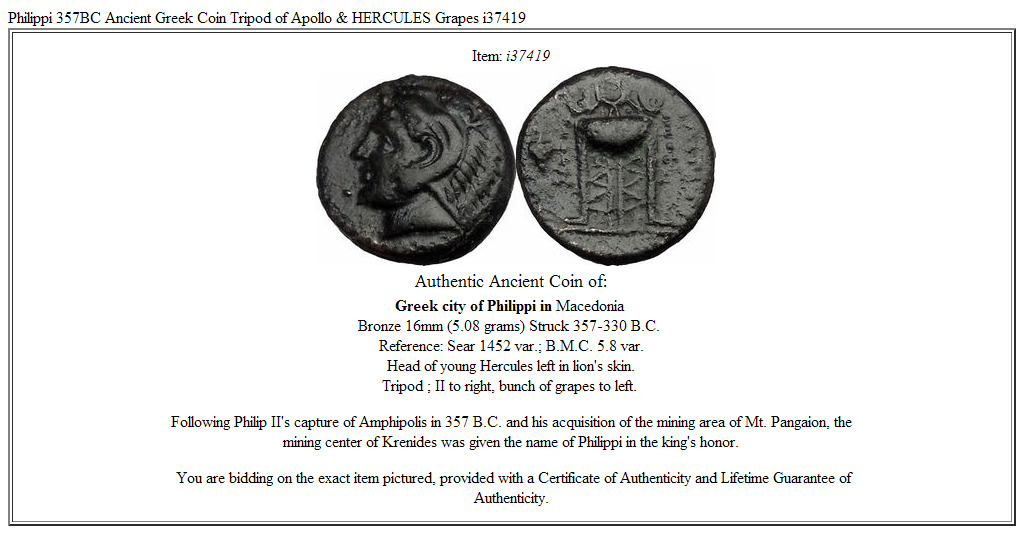 Philippi 357BC Ancient Greek Coin Tripod of Apollo & HERCULES Grapes i37419