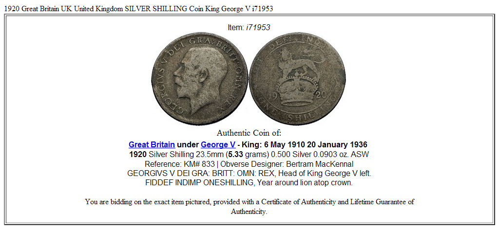 1920 Great Britain UK United Kingdom SILVER SHILLING Coin King George V i71953