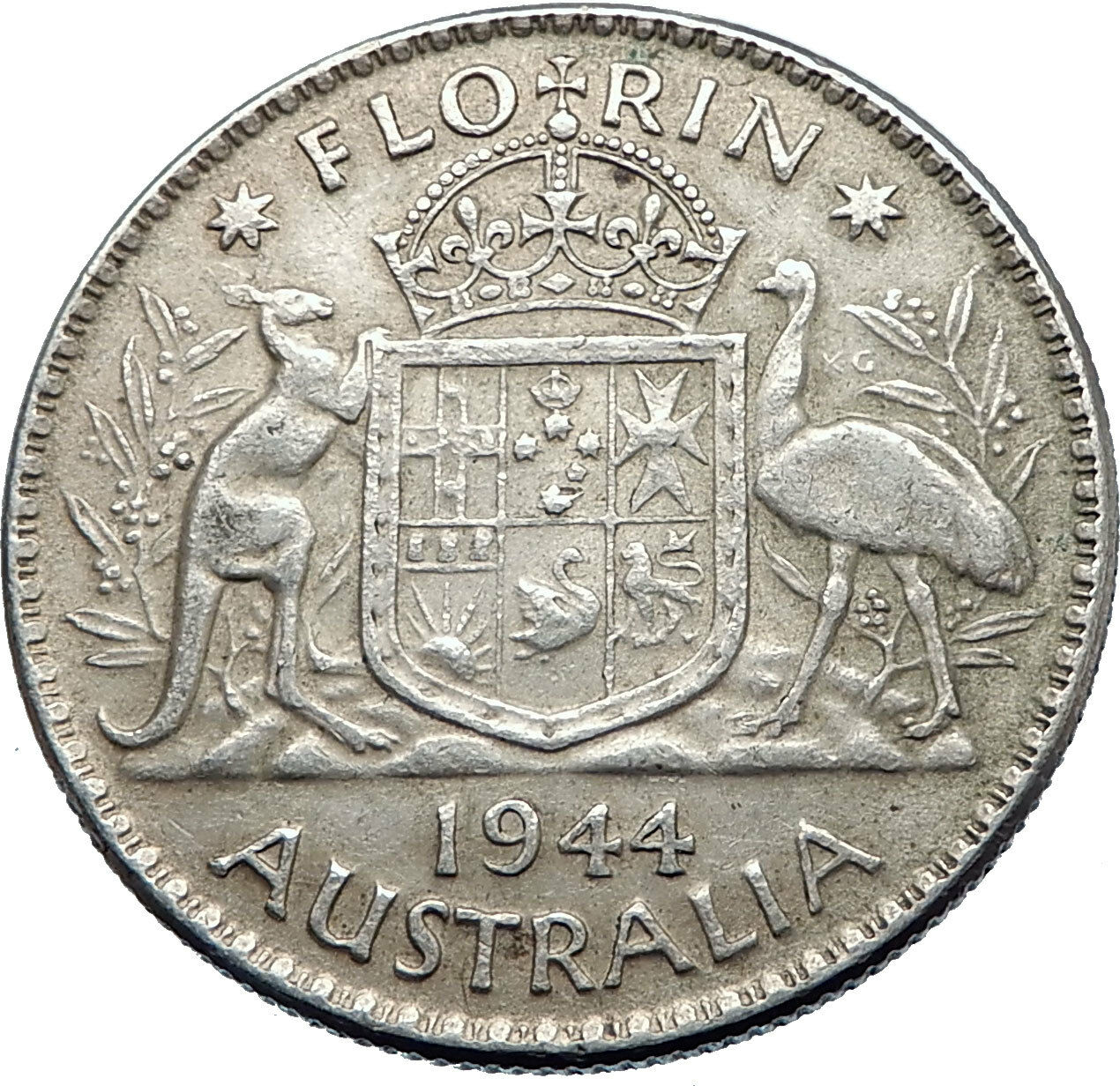 1944 AUSTRALIA - FLORIN Large SILVER Coin King George VI Coat-of-Arms i71925