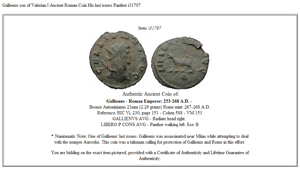 Gallienus son of Valerian I Ancient Roman Coin His last issues Panther i31707