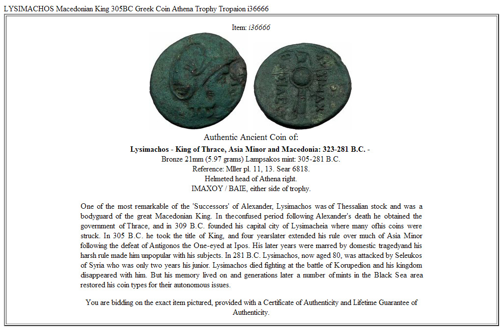 LYSIMACHOS Macedonian King 305BC Greek Coin Athena Trophy Tropaion i36666