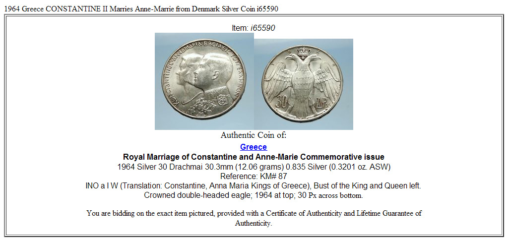 1964 Greece CONSTANTINE II Marries Anne-Marrie from Denmark Silver Coin i71620