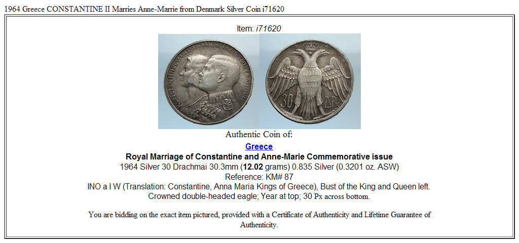 1964 Greece CONSTANTINE II Marries Anne-Marrie from Denmark Silver Coin i71620