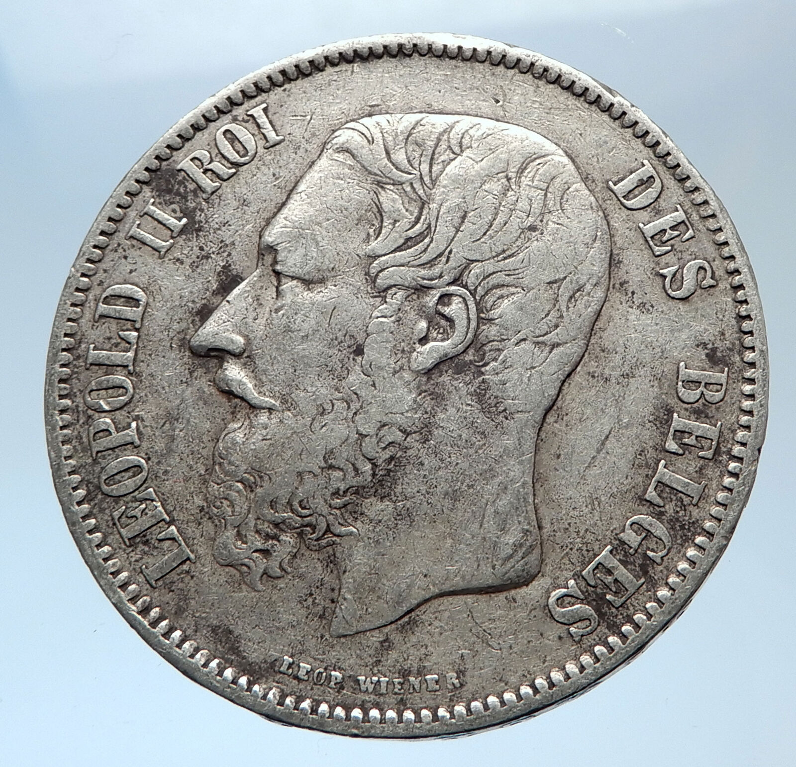 1873 BELGIUM with King LEOPOLD II and LION Antique Silver 5 Francs Coin i74020