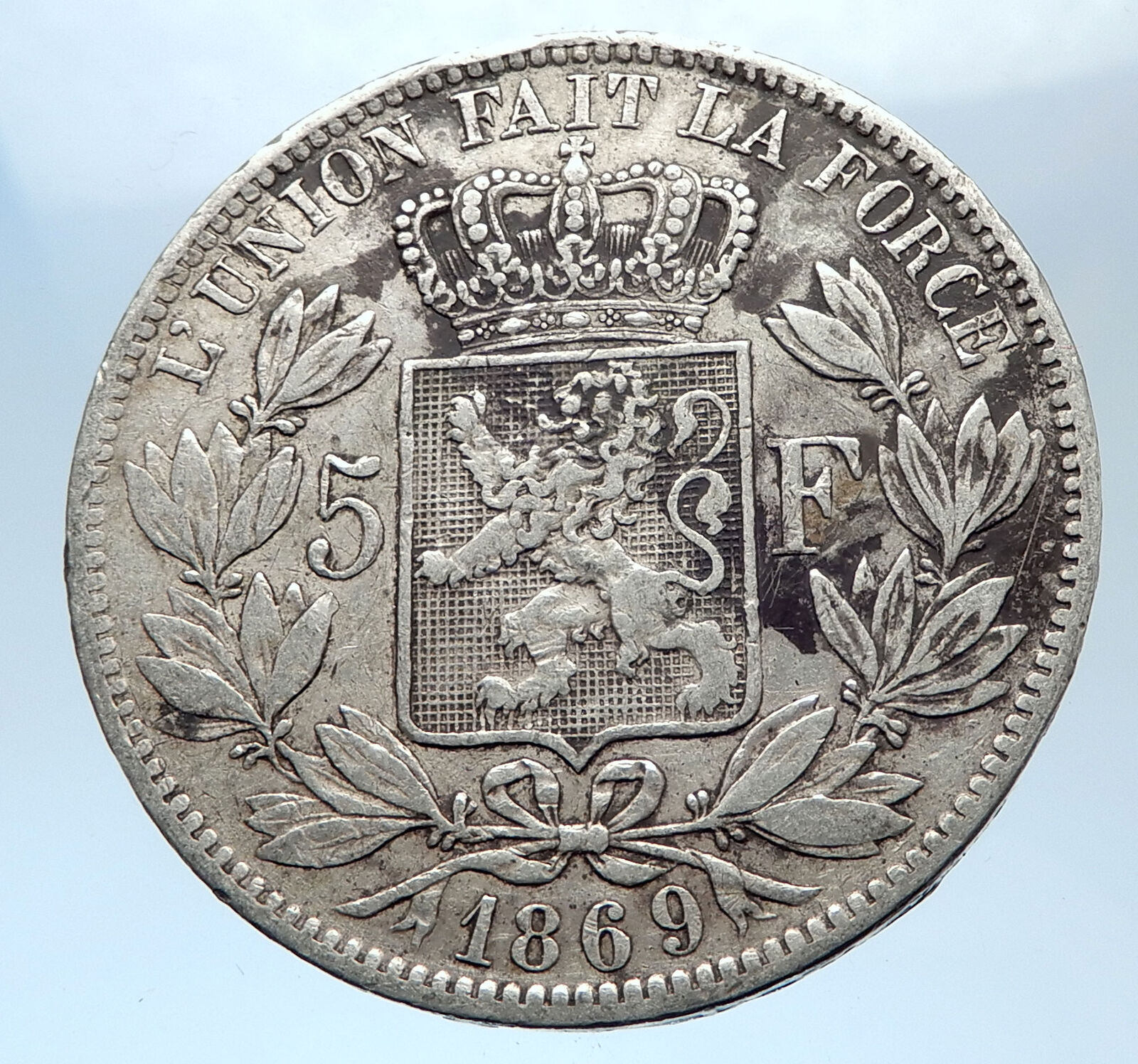 1873 BELGIUM with King LEOPOLD II and LION Antique Silver 5 Francs Coin i74020