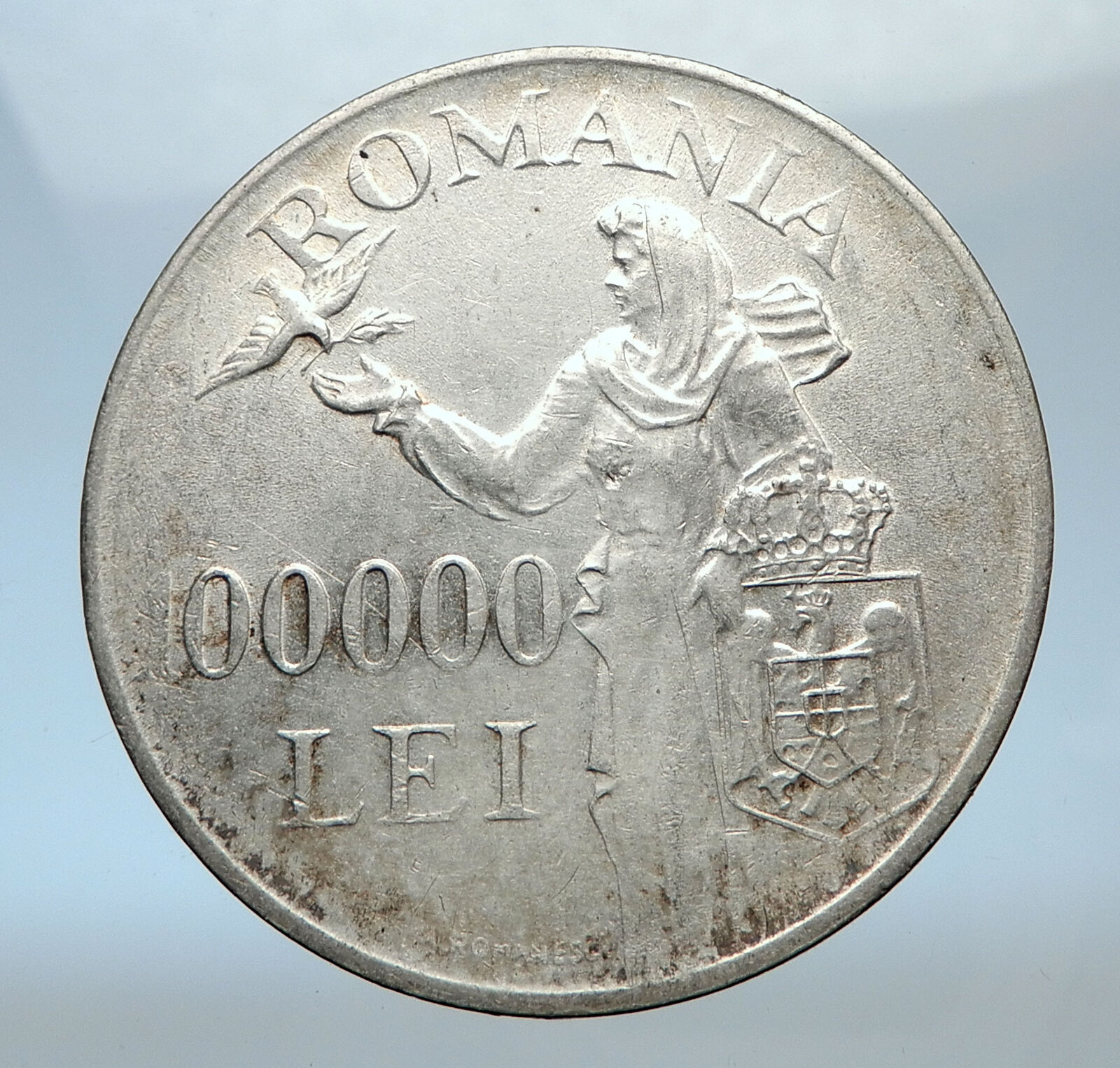 1946 ROMANIA under Michael I w Romanian Lady and Bird Silver Vintage Coin i73817