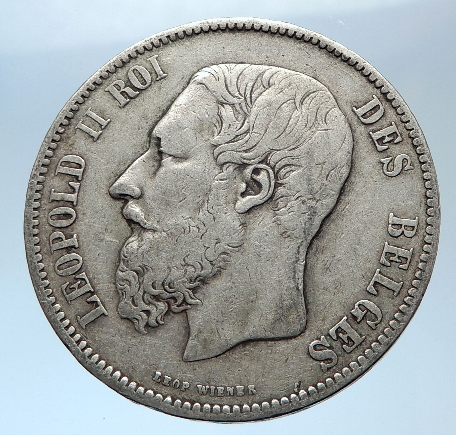 1873 BELGIUM with King LEOPOLD II and LION Antique Silver 5 Francs Coin i73980
