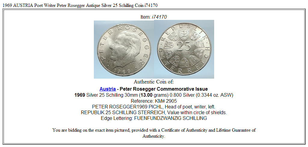 1969 AUSTRIA Poet Writer Peter Rosegger Antique Silver 25 Schilling Coin i74170