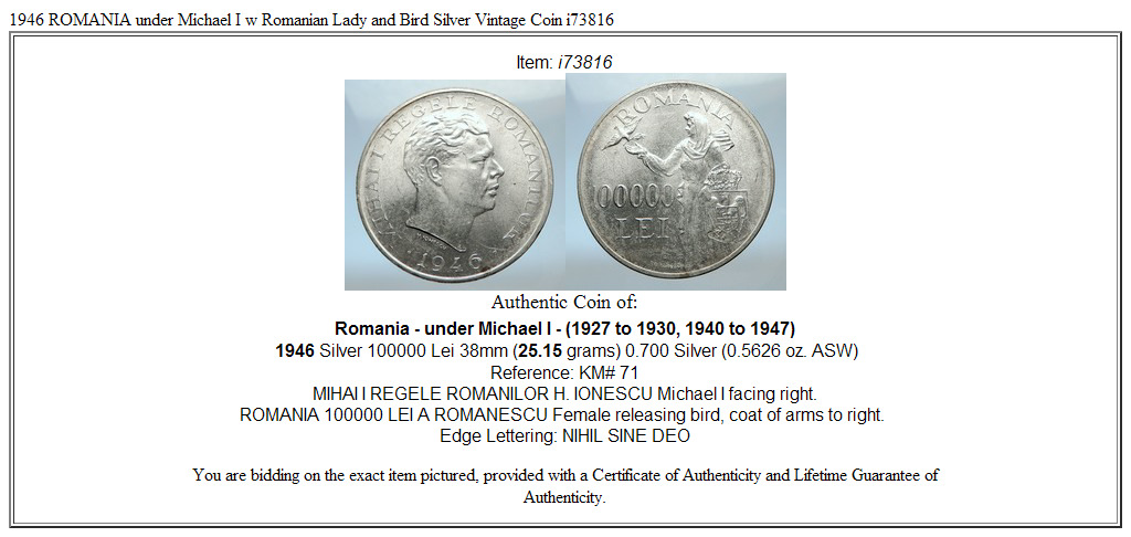 1946 ROMANIA under Michael I w Romanian Lady and Bird Silver Vintage Coin i73816