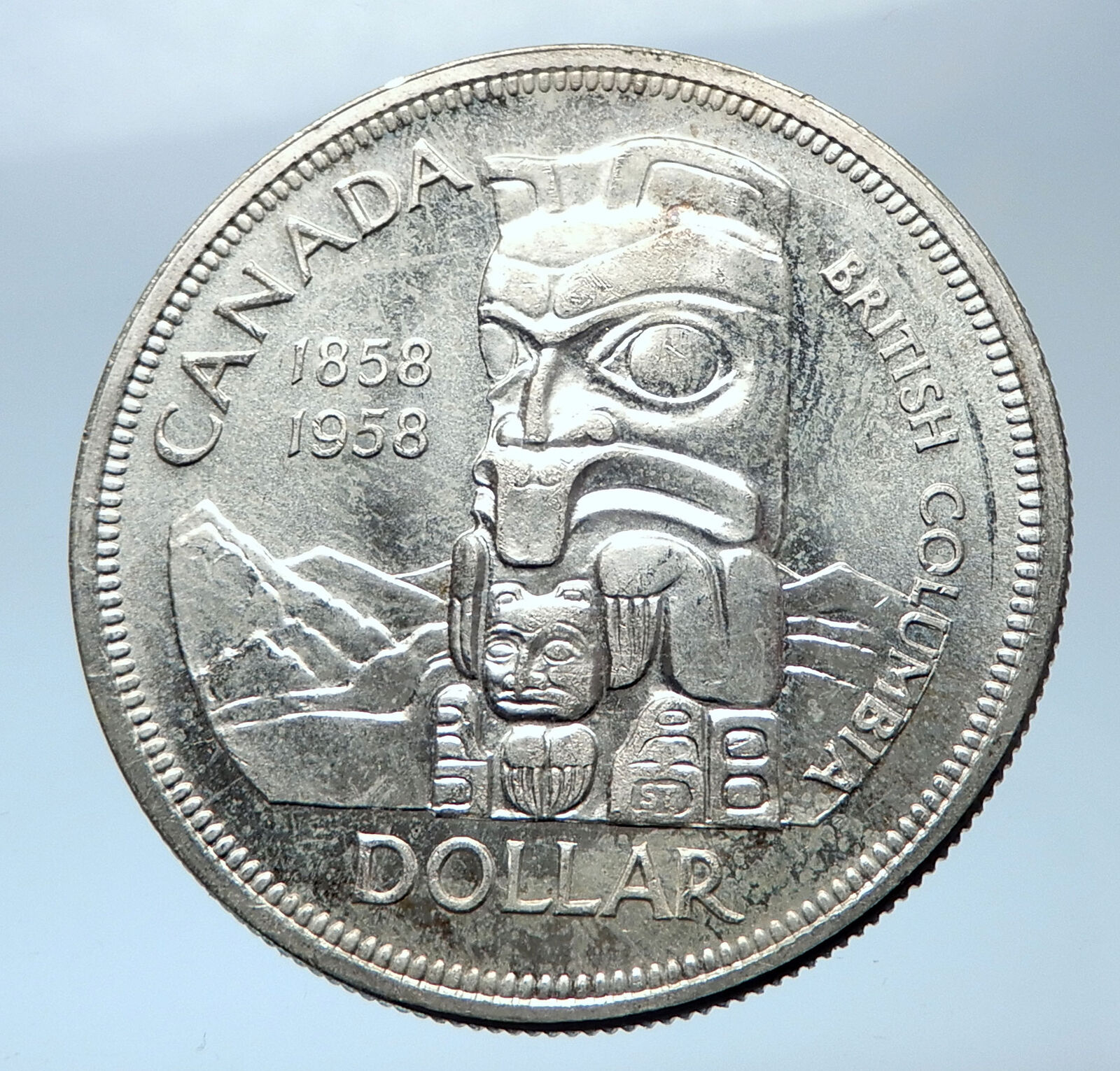 1958 Canada British Columbia Centennial Totem Pole Large Silver Coin i73878