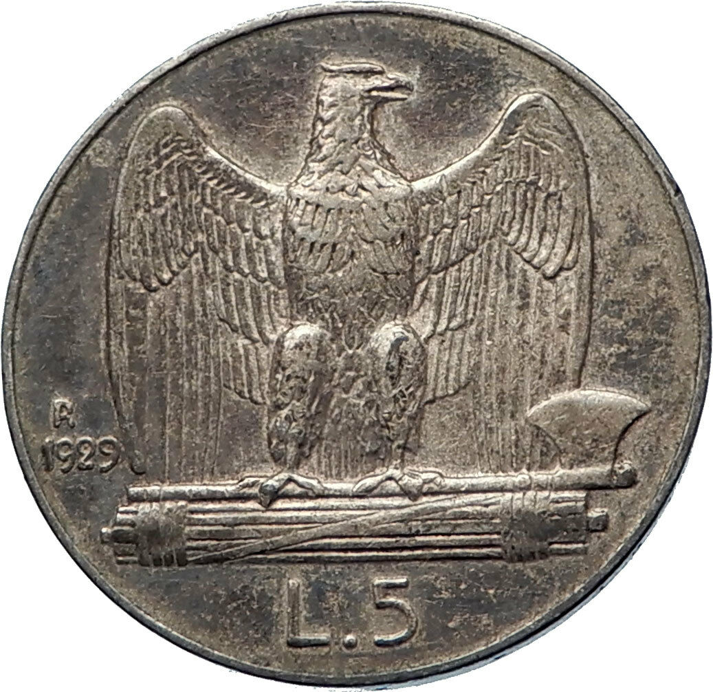 1929 ITALY King Victor Emmanuel III Silver 5 Lire Italian Coin w EAGLE i73948